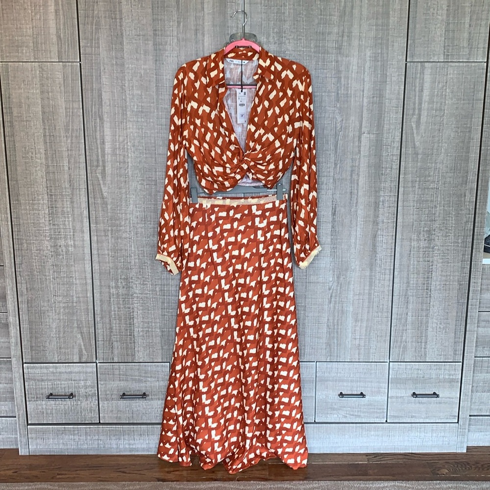Zara Beaded Linen Blend Maxi Skirt And Matching Blouse Set